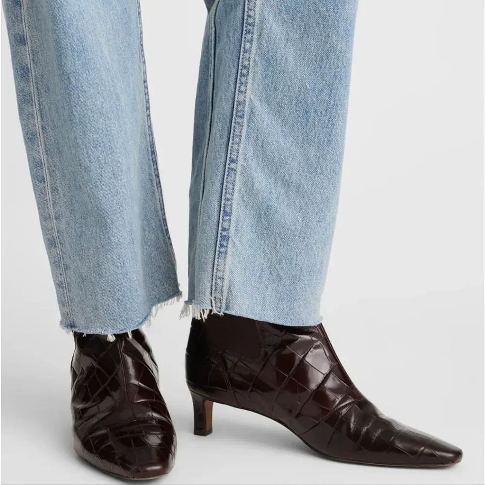 Madewell Dimes Coffee Bean Brown Croc Leather Chelsea Boot Kitten Heel Boots 8